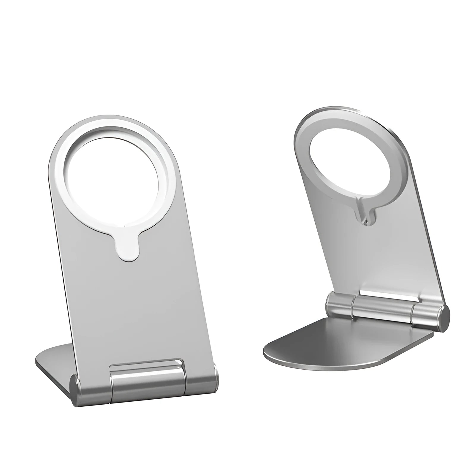 Silver vertical aluminium alloy magnetic phone bracket for iPhone 12 on a table.