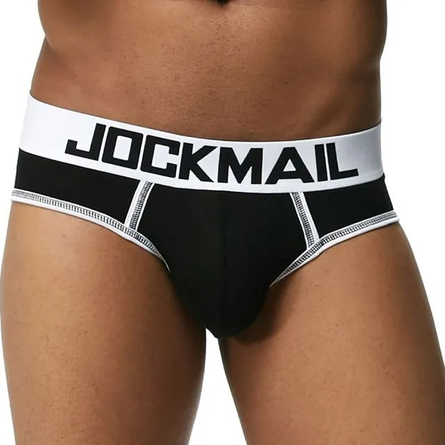 Men's modal high waist briefs with U convex big pouch jockstrap in black, on white background