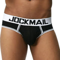 Men's modal high waist briefs with U convex big pouch jockstrap in black, on white background