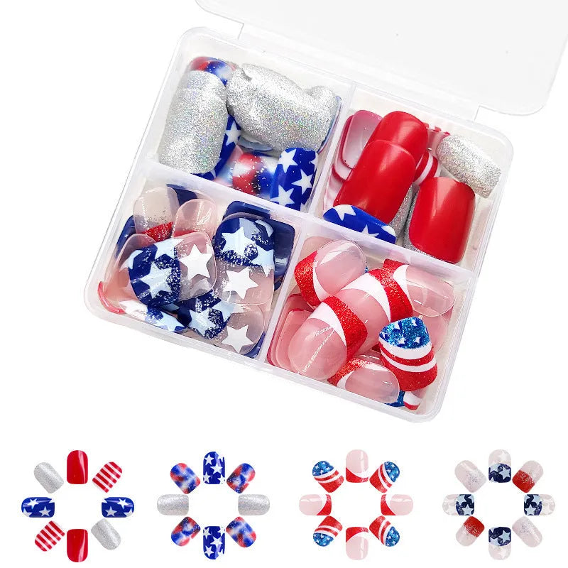 Independence Day nail art set showing three five-pointed star designs in European Square style