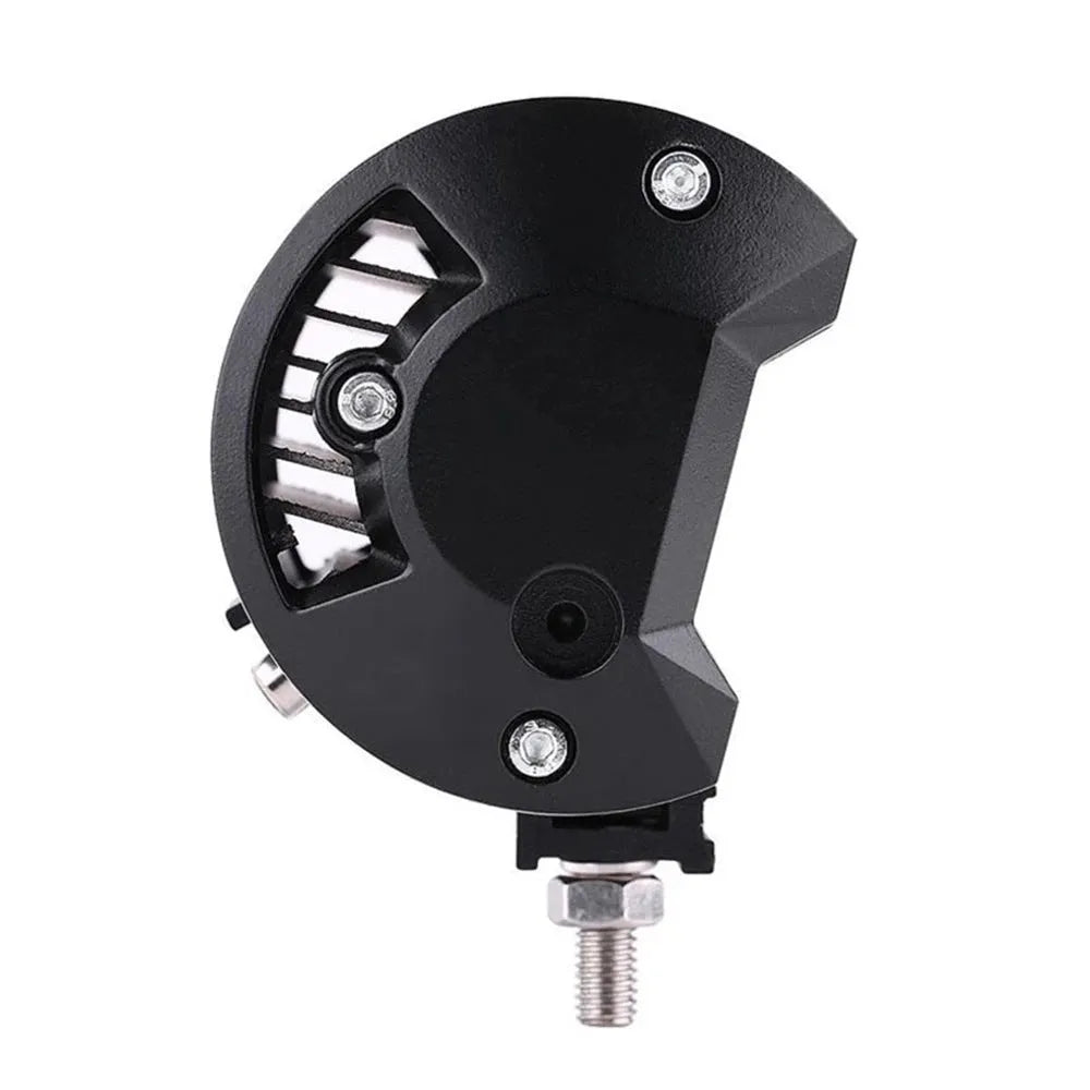 5-inch black die-cast aluminium LED work light with dual-row LEDs and bracket for off-road vehicle mounting.