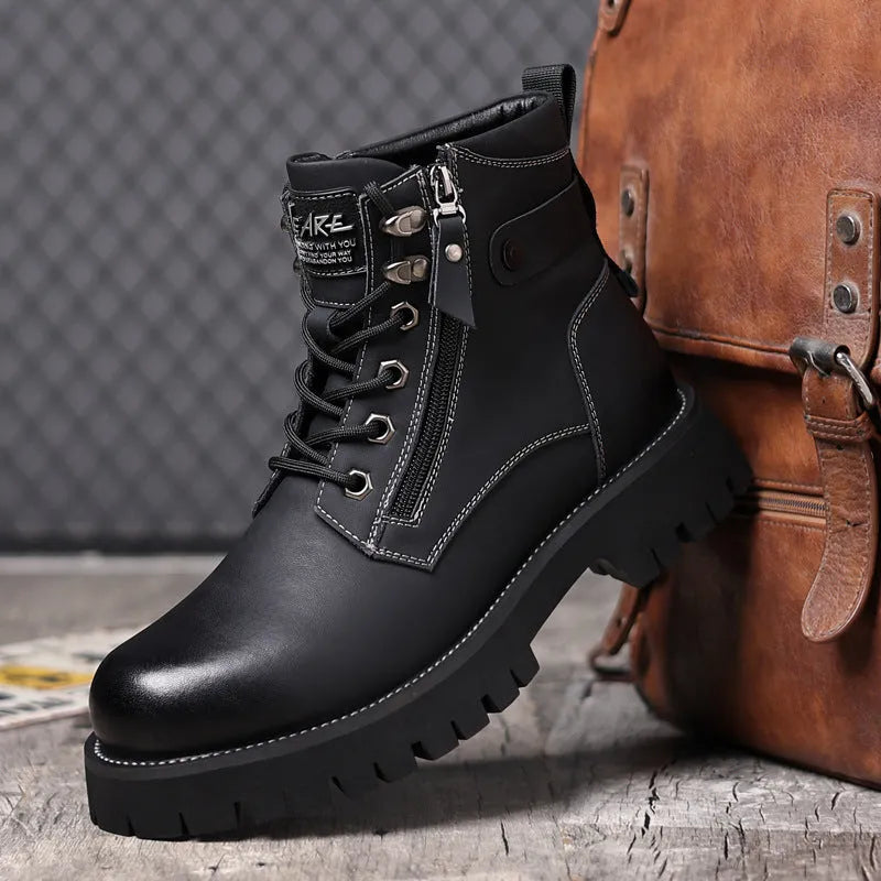 Men's brown leather high-top Martin boots with side zipper and velvet detail on shaft.