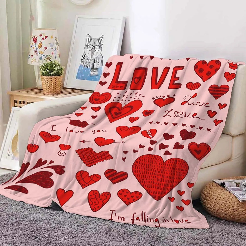 Heart print polyester fibre blanket in three sizes 100x150cm, 130x150cm and 150x200cm