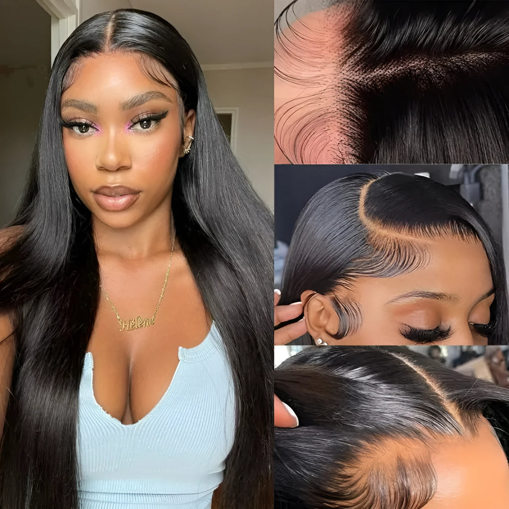Straight black human hair wig with 13x6 Swiss lace front, shown in a long length