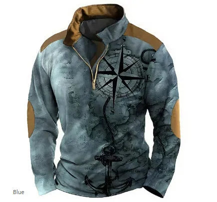 Men's retro colour print golf t-shirt with long sleeves and zip decorations on striped bird eye cloth