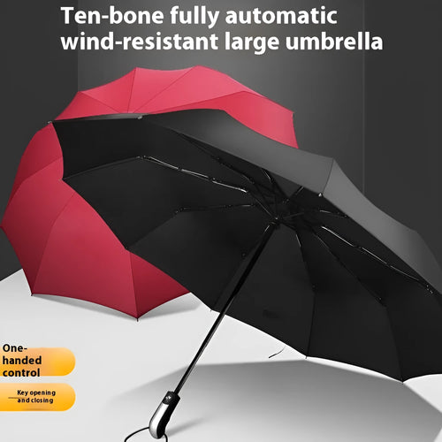 Automatic opening triple-fold business sun-shade umbrella in black colour with steel ribs and rubber handle