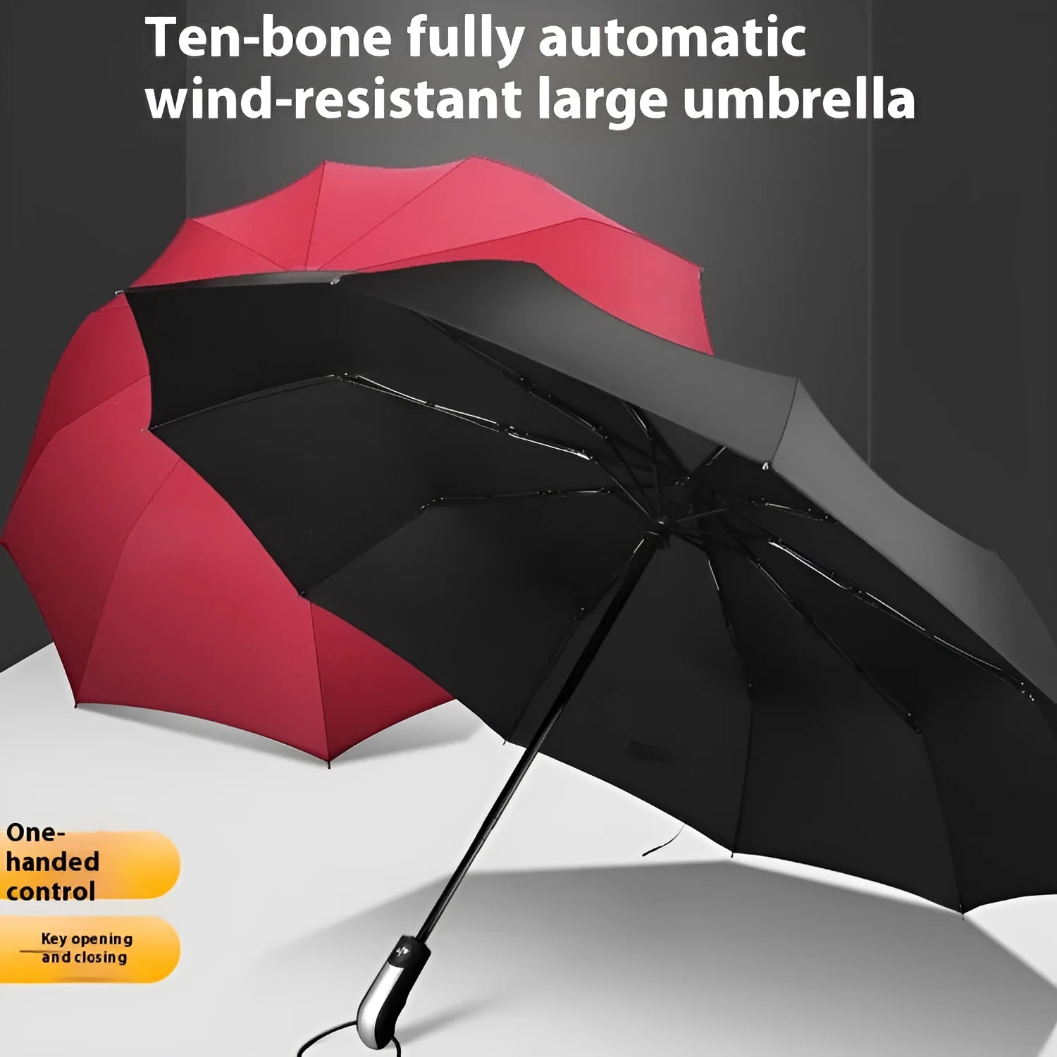 Large triple folding automatic advertising umbrella with steel frame in black colour option