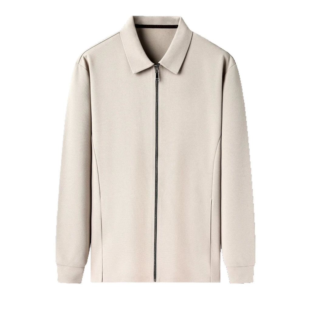 Men's polyester casual business jacket in black, dark grey, or apricot with long sleeves and straight hem.