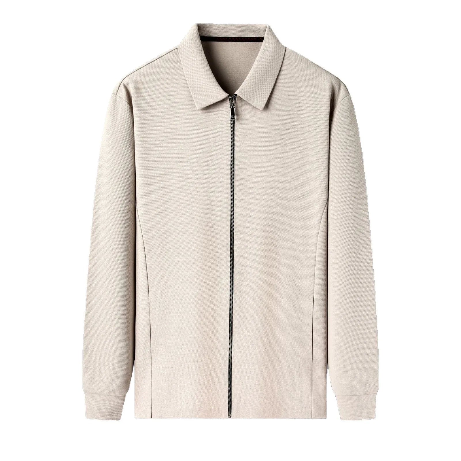 Men's polyester casual business jacket in black, dark grey, or apricot with long sleeves and straight hem.