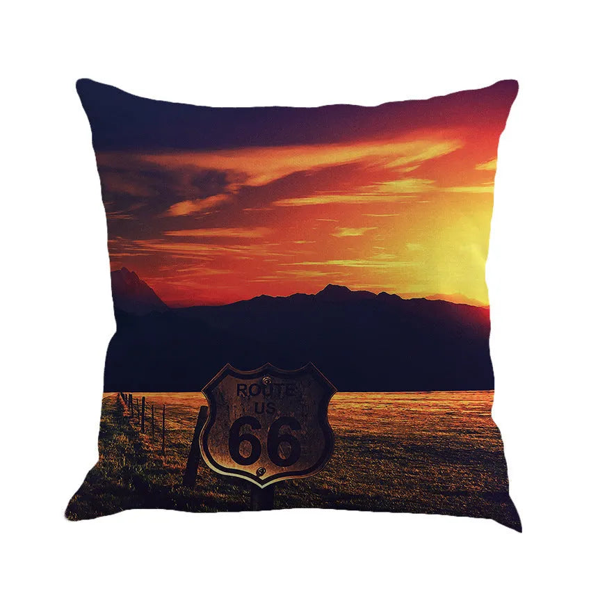 Route 66 American highway landscape print on a 45x45cm linen blend square pillow cover.