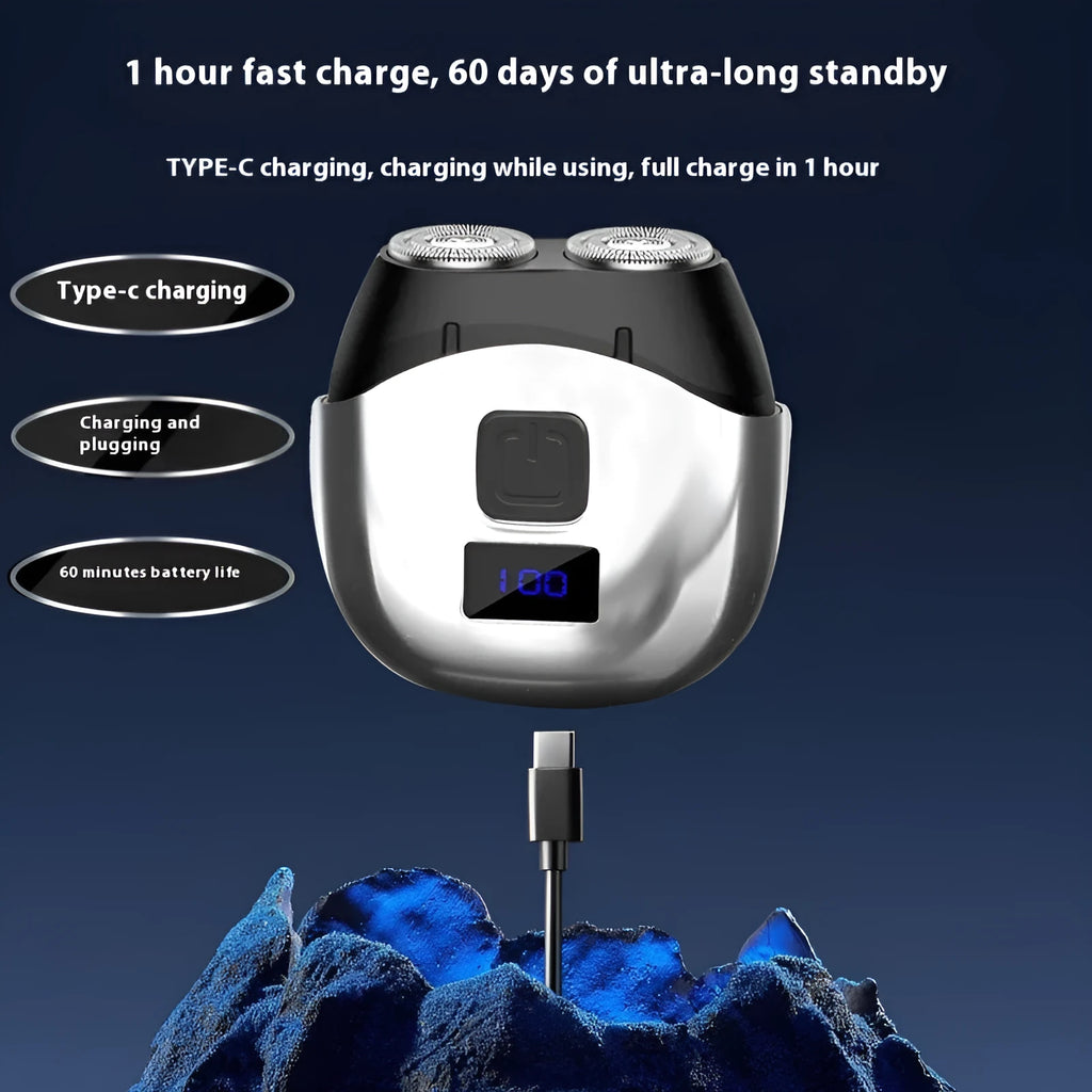 Mini double-headed rechargeable electric shaver in black or silver with removable cutter head and data cable colour box