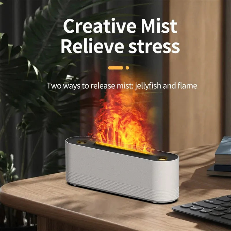 Black Flame Air ultrasonic humidifier diffuser with LED flame lights and mist output on a wooden table.