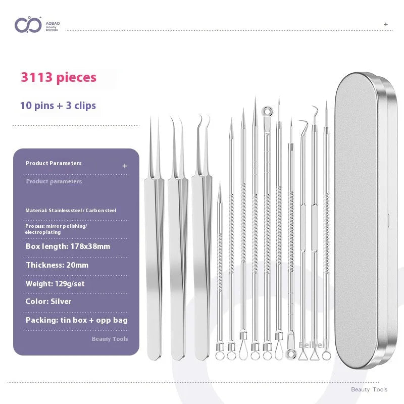 Silver-coloured metal 4-piece acne needle set with ultra-fine pointed tips on a white background.