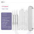 Silver-coloured metal 4-piece acne needle set with ultra-fine pointed tips on a white background.