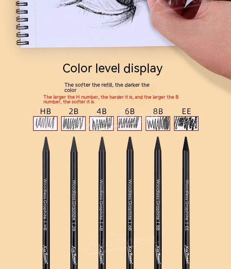 Set of six wood-free graphite sketching pencils with HB, 2B, 4B, 6B, 8B, EE gradings for art.
