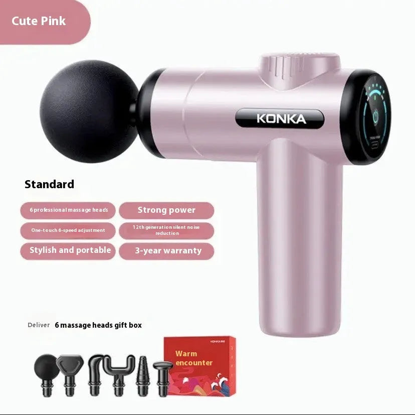 Konka electric mini massage gun with multiple massage head attachments on a gray background.