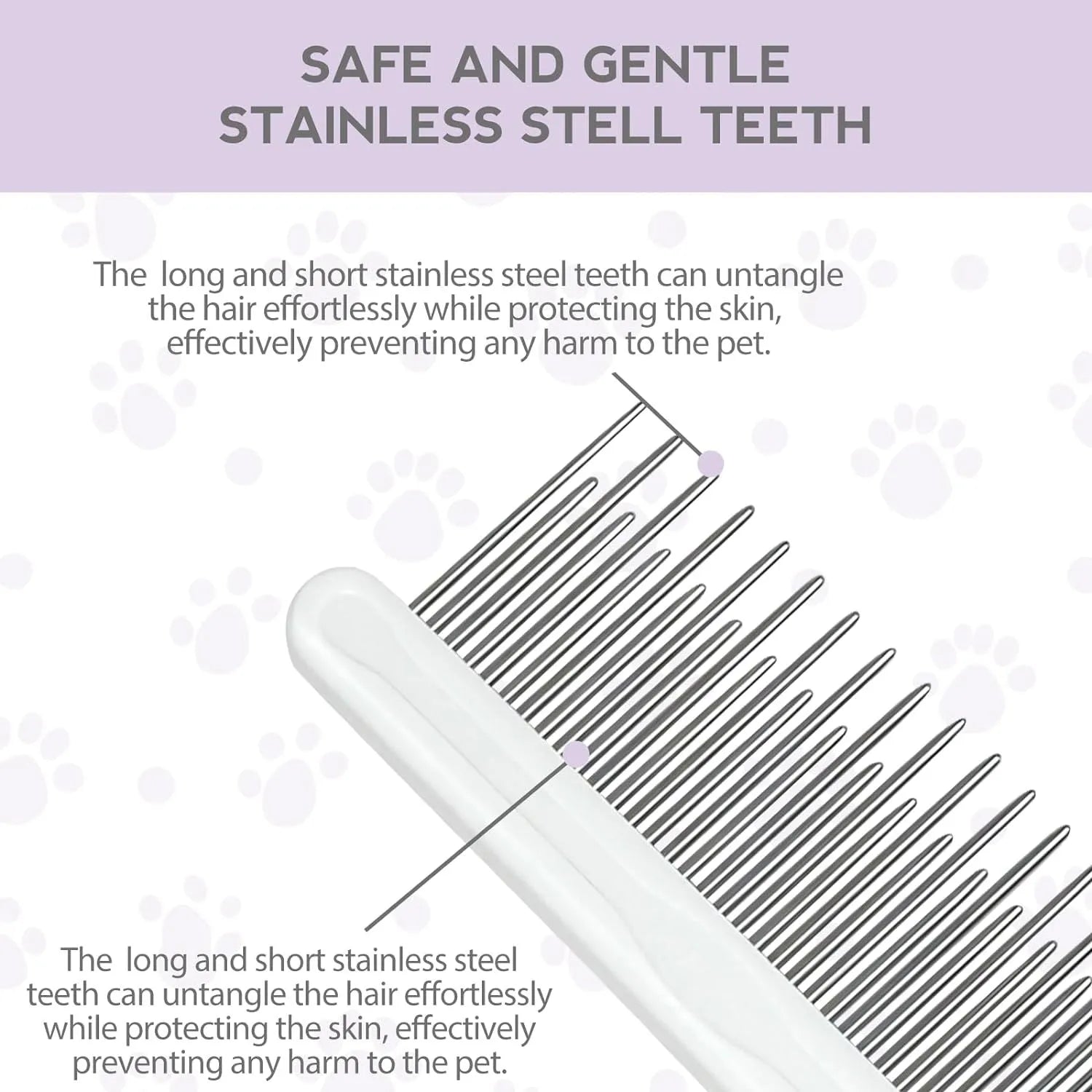 Purple pet grooming comb with stainless steel teeth on an ergonomic handle.