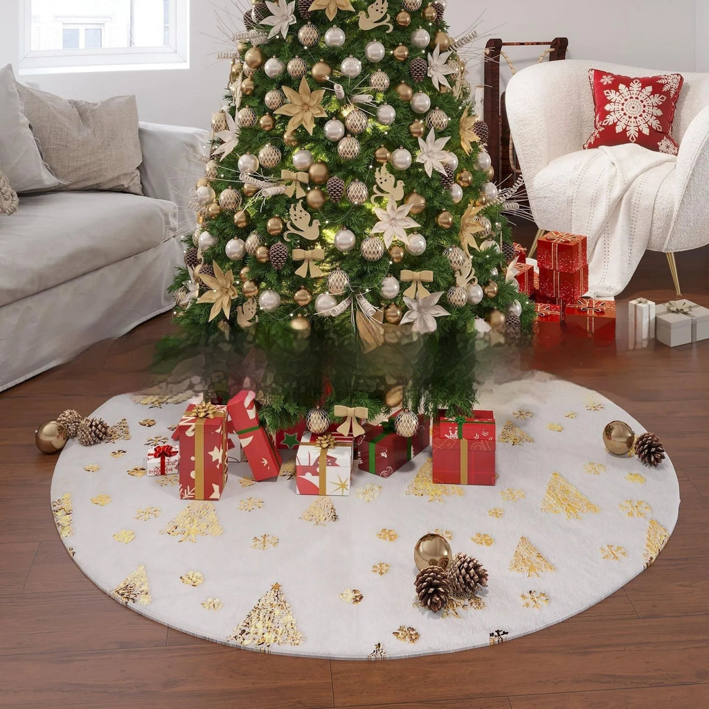 Plush Christmas tree decorative floor mat in red and green on a wooden floor