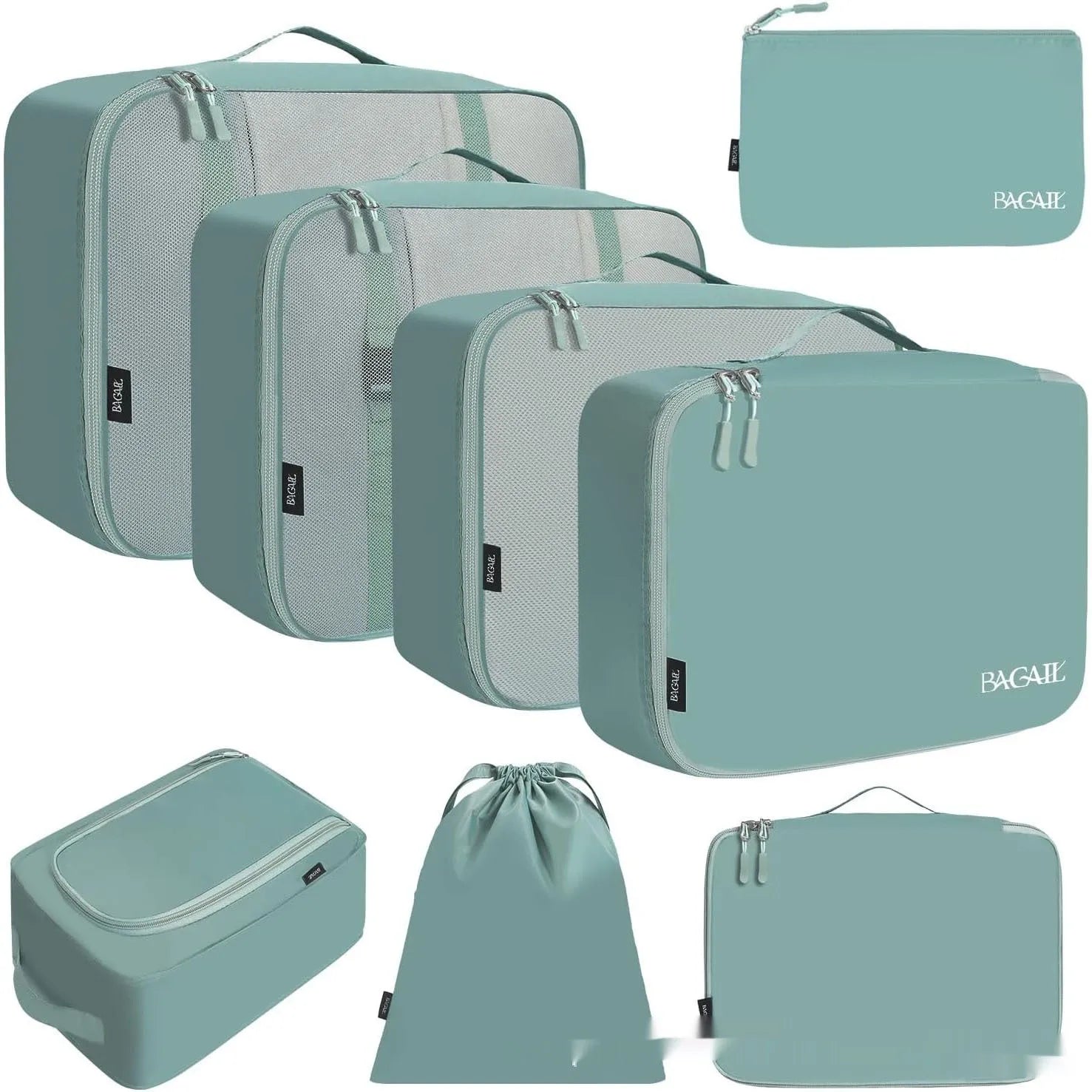 Set of eight cubic packing cubes for travel organisation in various colours including beige, black, and pink leopard print.
