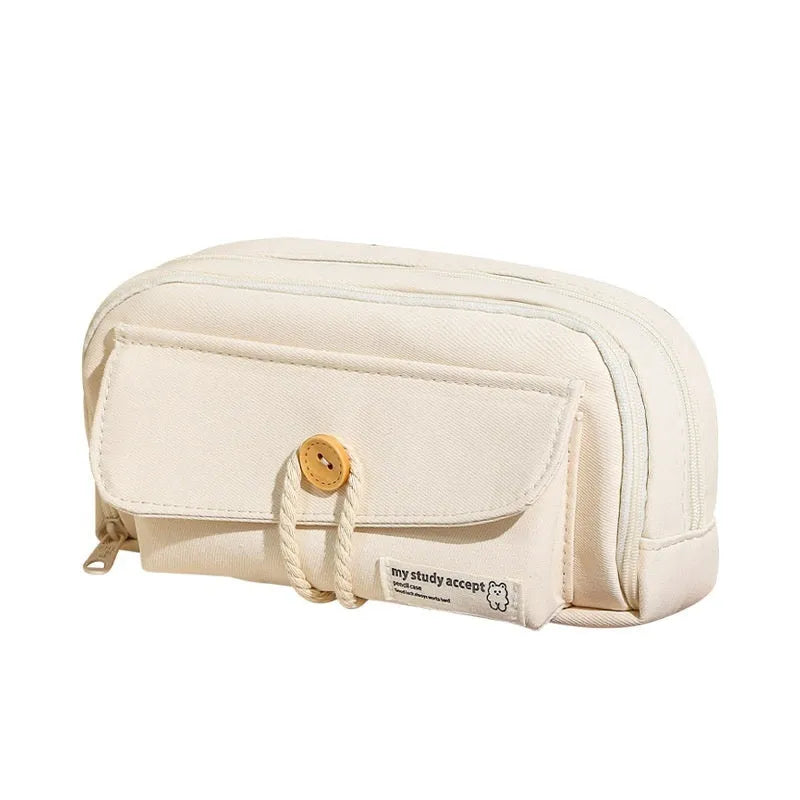 Korean style canvas pencil case in beige, blue, grey, and green colour options with large capacity for approximately 80 pens