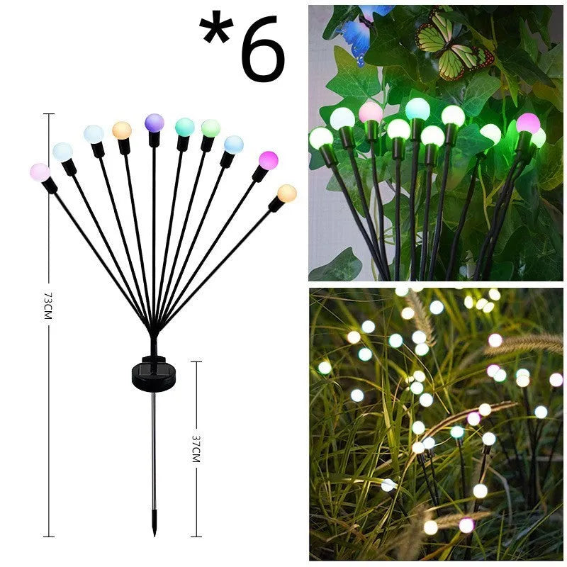 Solar-powered LED firefly ground lamp with multiple heads and ground spike for garden installation