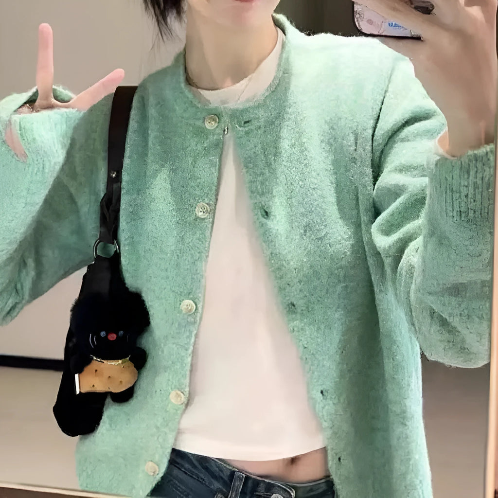 Loose cardigan top for women with splicing details in polyester knit fabric, free size, long sleeves