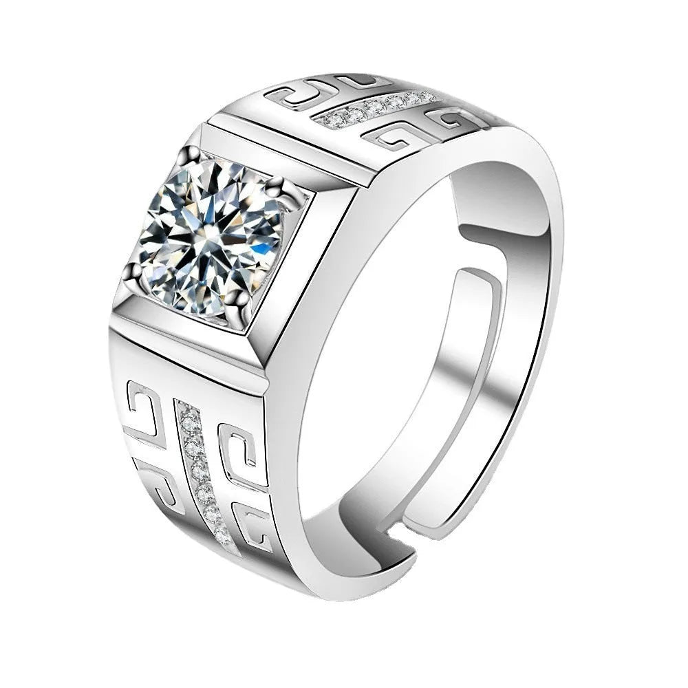 Men's adjustable copper ring with large square diamond design in gold or platinum colour