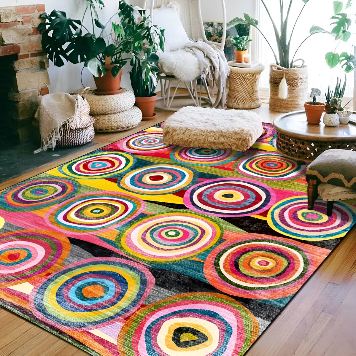 Round striped ethnic carpet with Indian Moroccan coloured circles in polyester fibre, available in multiple sizes