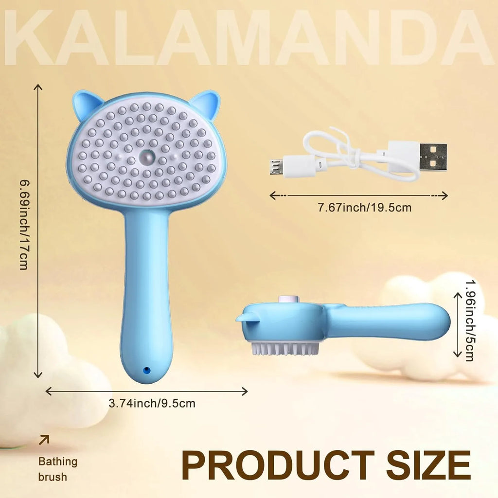 Blue cat steam brush with cat ear design and rubber bristles for pet grooming