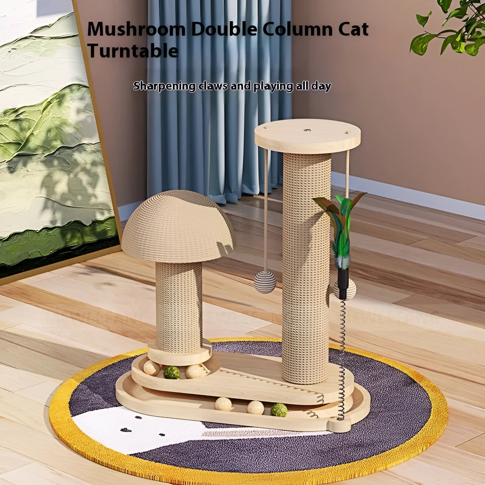 Solid wood cat scratching post with climbing frame and turntable design for indoor cats