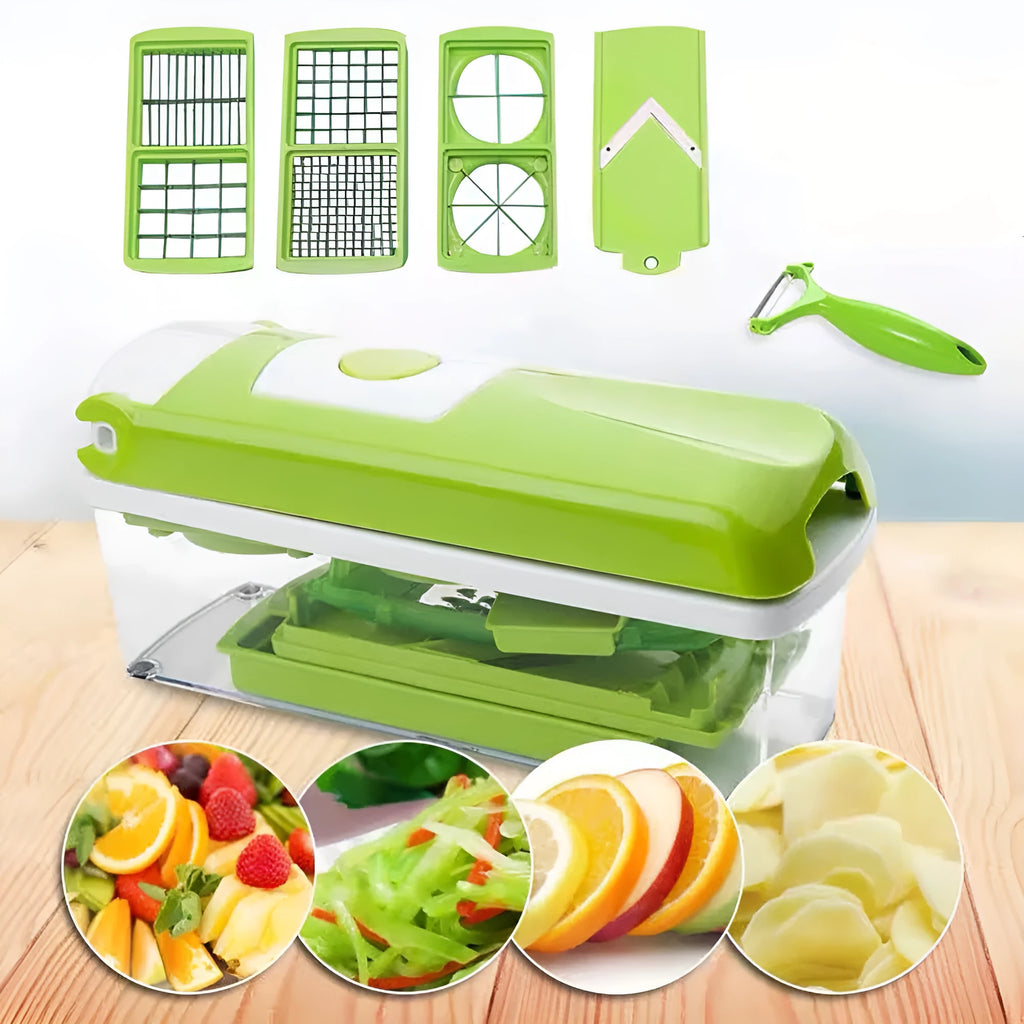 Green manual vegetable chopper with stainless steel blades on a kitchen counter