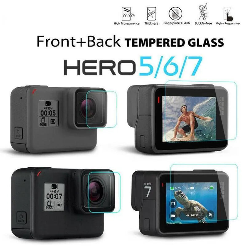 GoPro Hero 5 6 7 transparent 9H tempered glass lens and LCD screen protector film pack