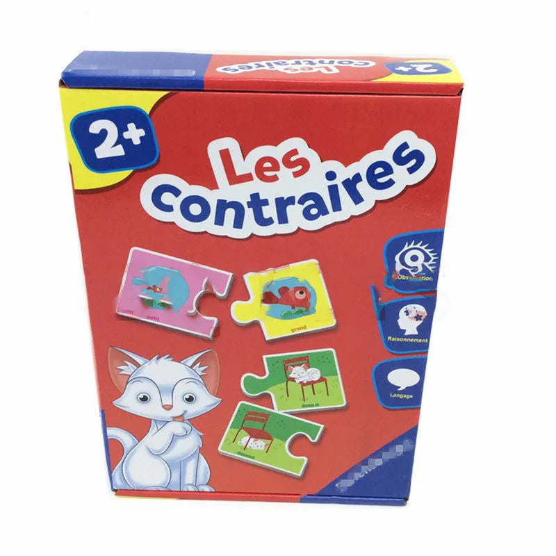 French educational puzzle toy for children with 24 picture and word pieces on a table.