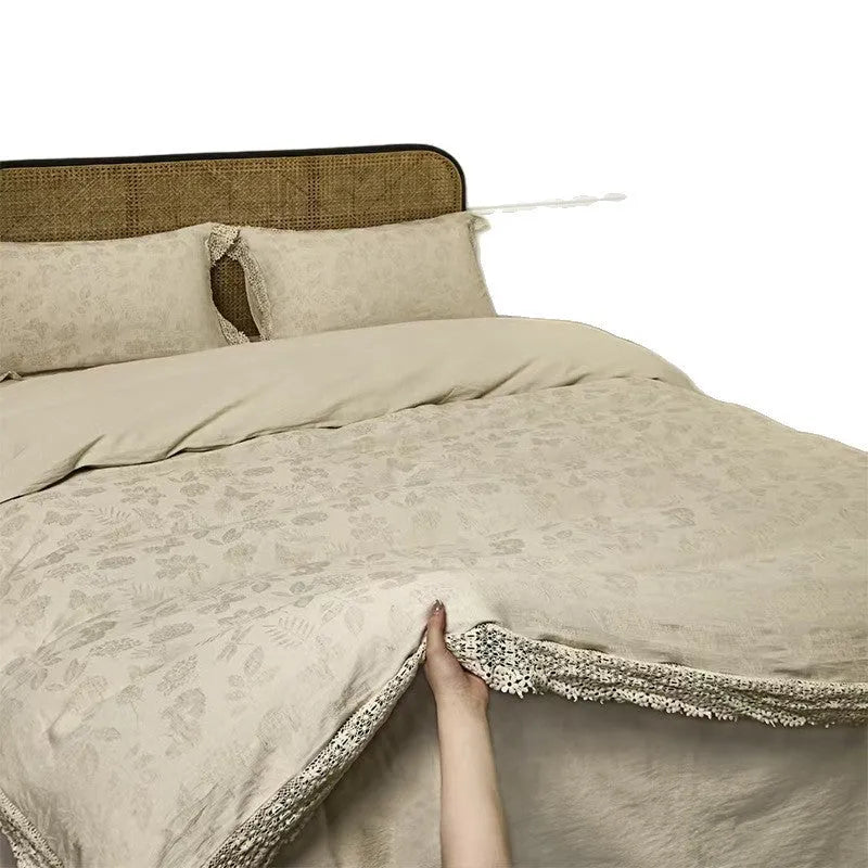 Cotton linen jacquard yarn-dyed four-piece bed sheet set in Optic Linen pattern, with quilt cover and pillowcases