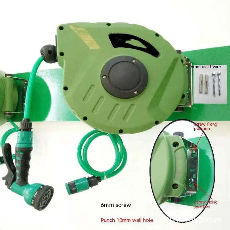 Automatic retractable hose reel with 10m PVC water pipe in compact housing for car wash and garden use
