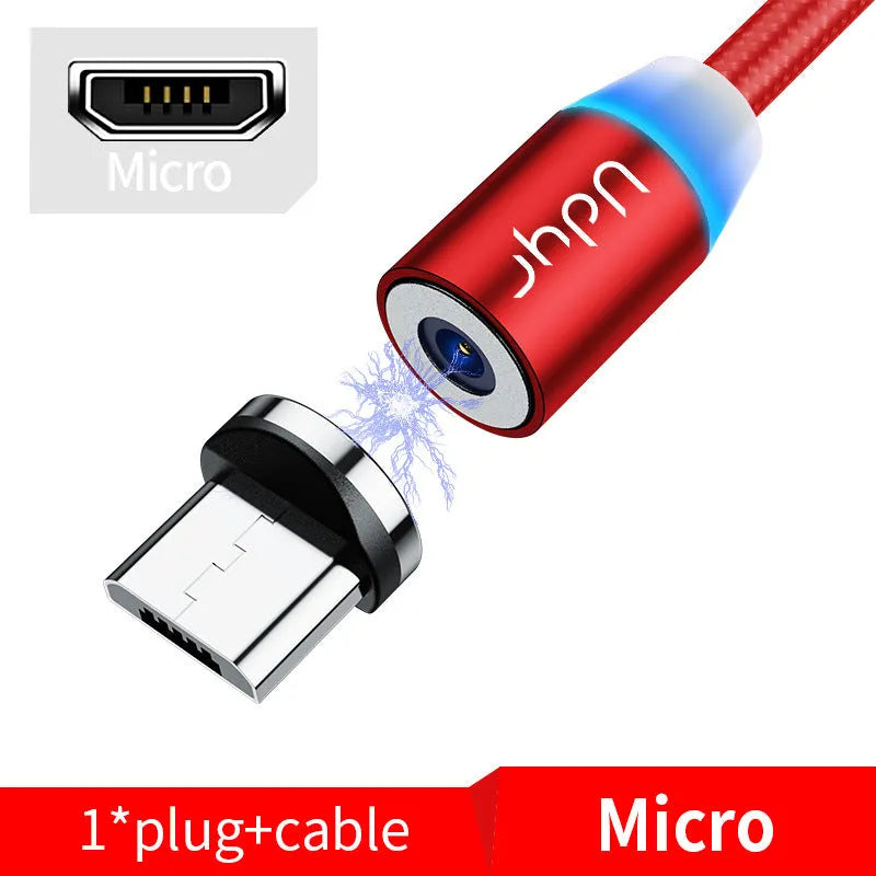 Black magnetic USB cable with detachable Android, Apple iPhone, and Type-C magnetic heads on a table.