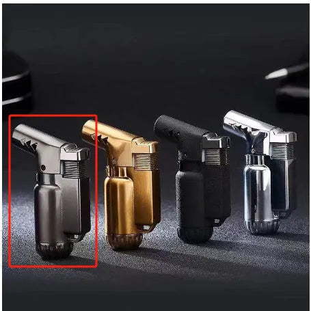 HB805-1 full metal windproof lighter in black, gold, grey, or silver finishes showing compact 72mm design