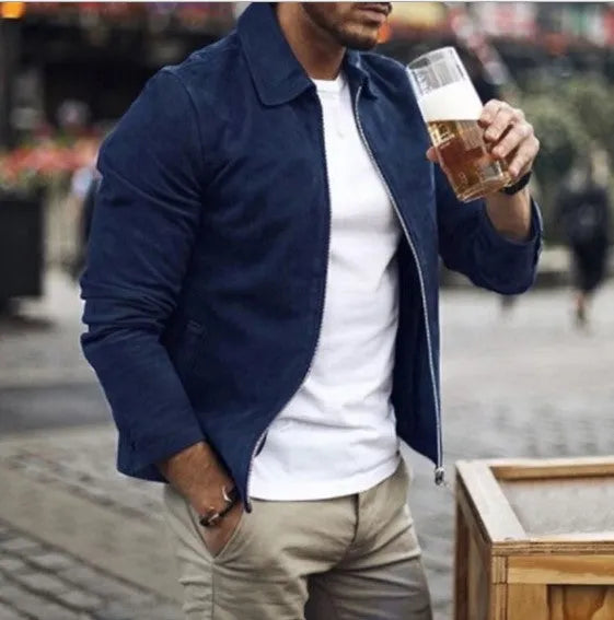 Men's slim turn-down collar jacket in khaki with zip front and long sleeves