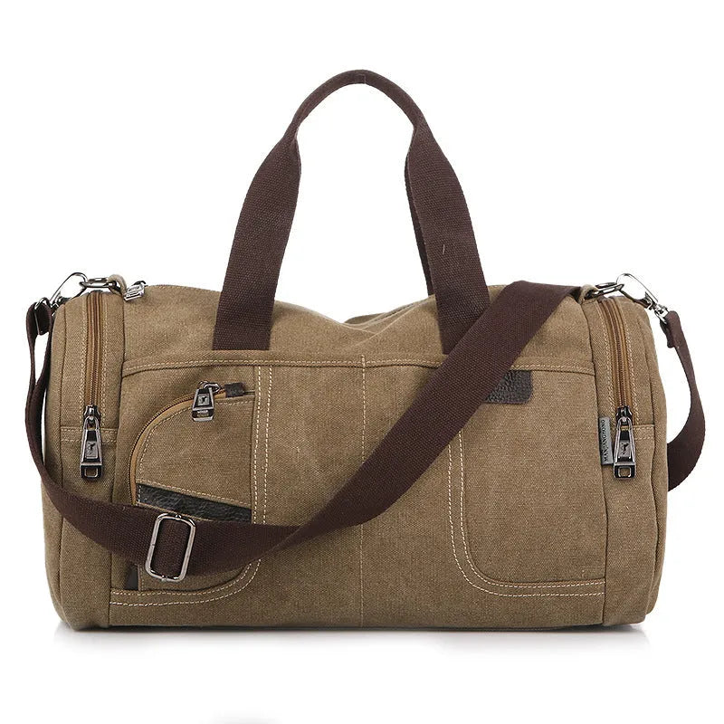 Canvas men shoulder bag, horizontal square shape, zipper closure, khaki colour, with single strap