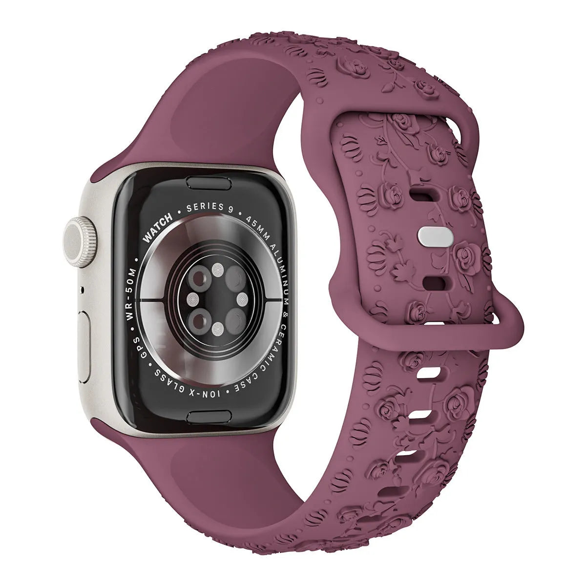 Embossed rose silicone watch strap for Apple Watch 38/40/41mm and 42/44/45mm in multiple colours