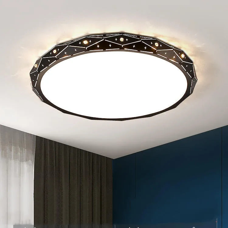 Round black iron frame LED ceiling light on a white ceiling.