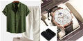 Men's blue slim-fit short-sleeved shirt with stand collar, part of a set with trousers, shoes, and watch