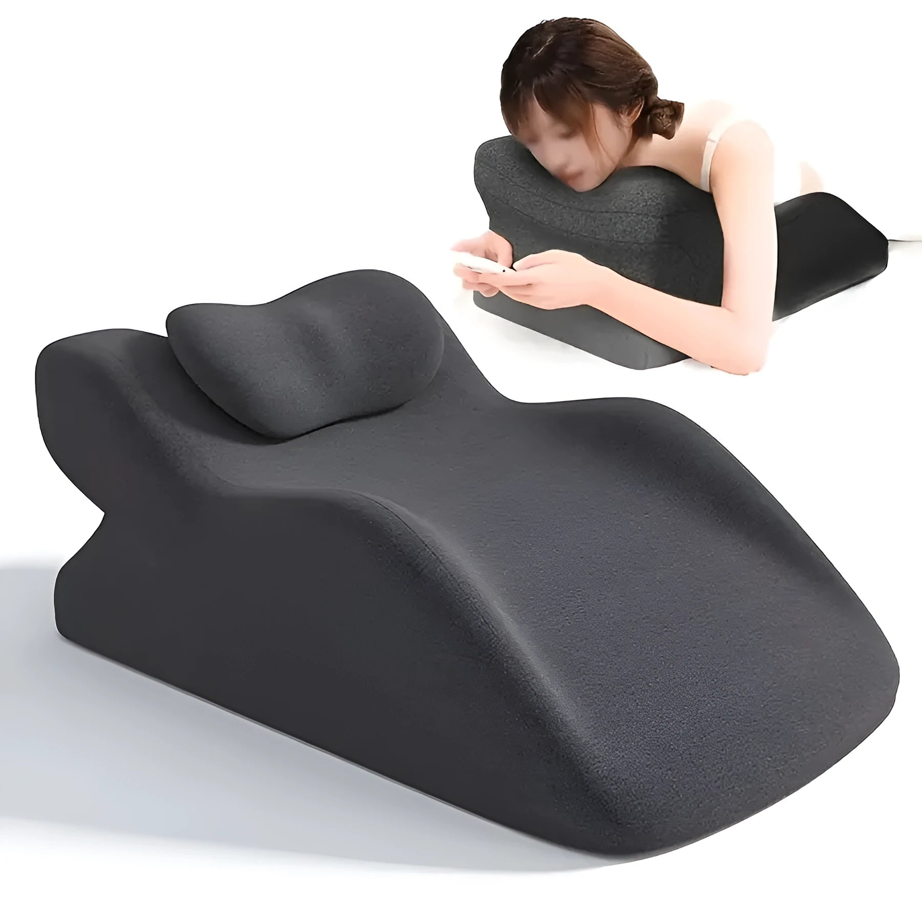 Specialty pillow for stomach sleepers in prone position with book and phone