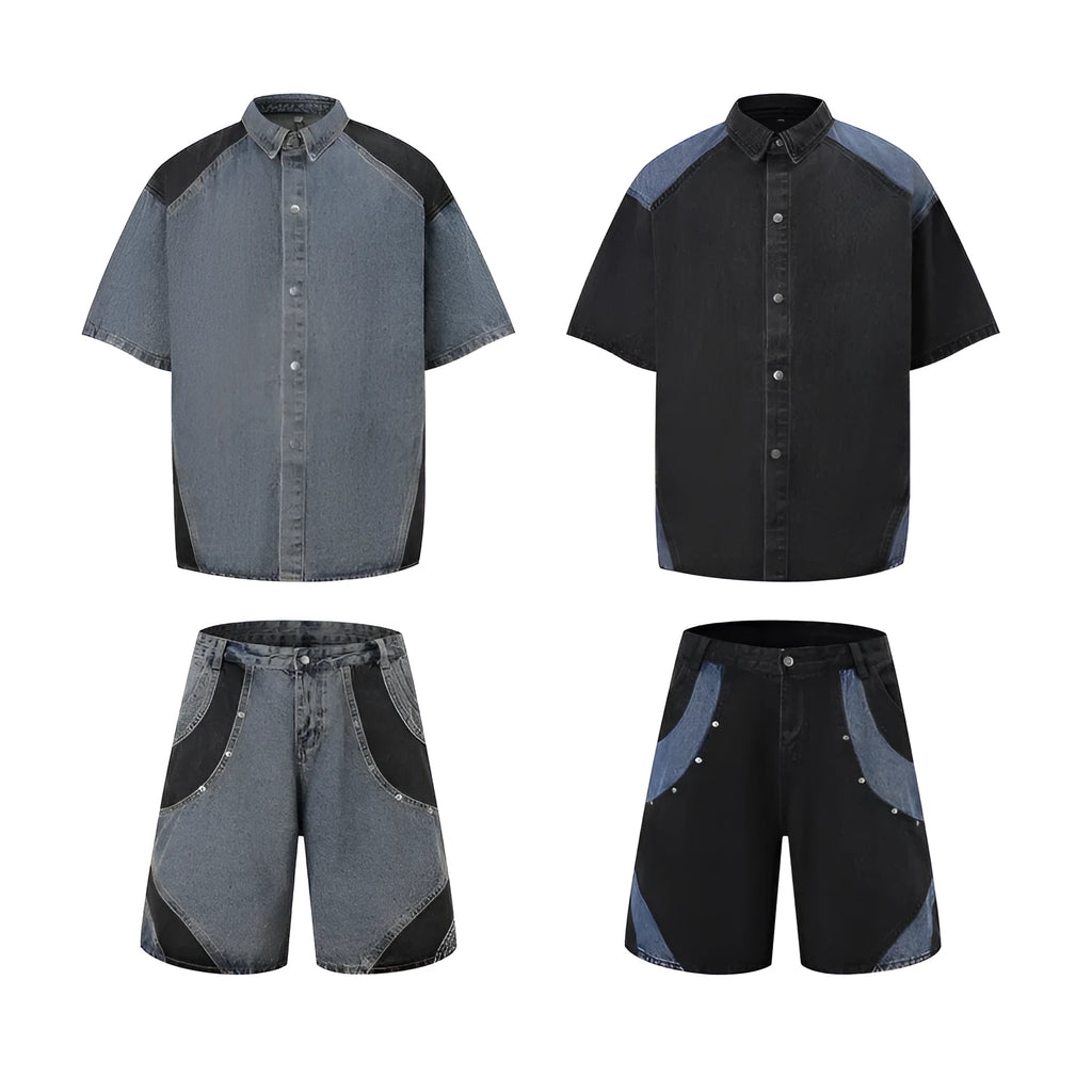 Men's retro washed denim suit set with short sleeve jacket and trousers in blue.