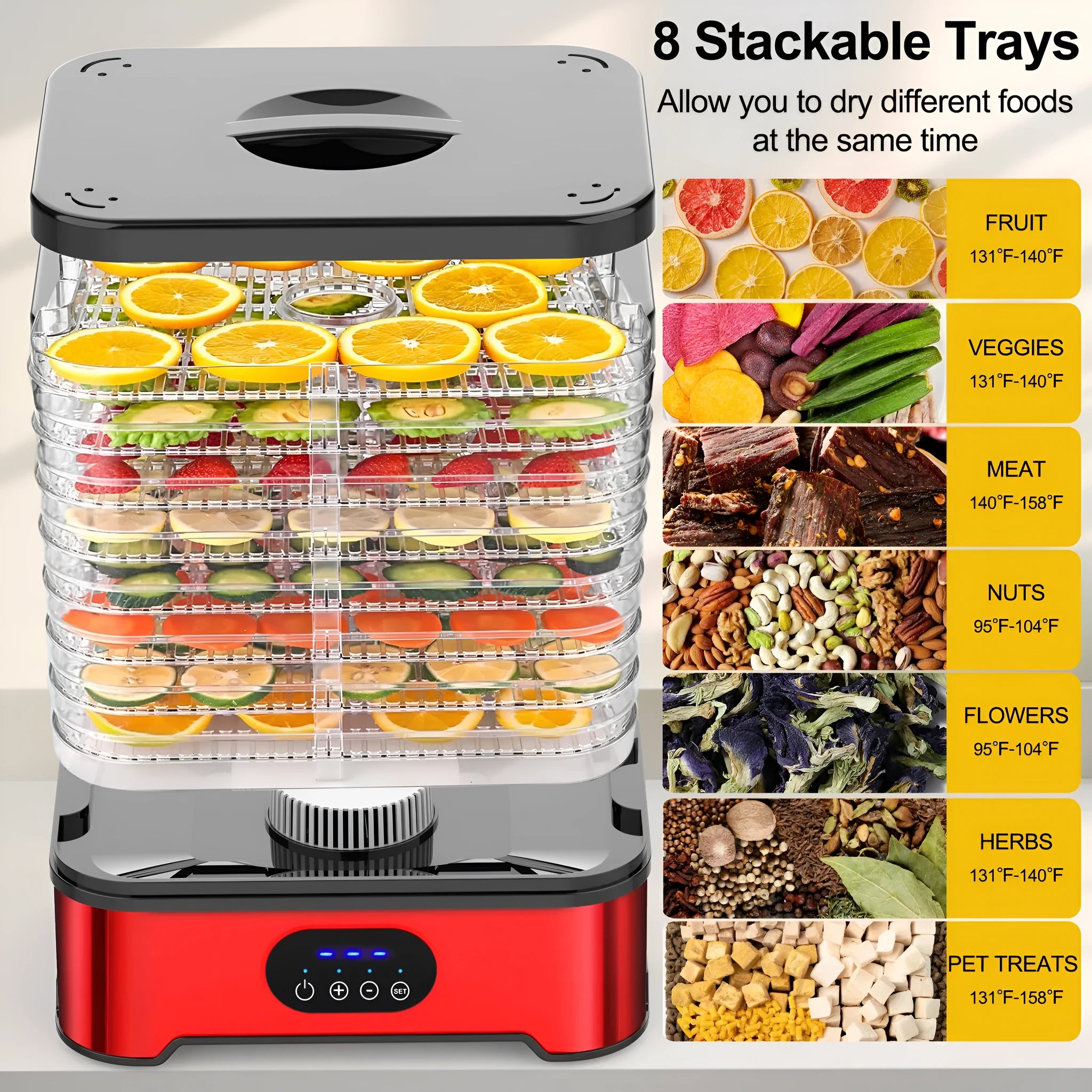 Silver household food dehydrator with 8 drying trays showing expanded height configuration