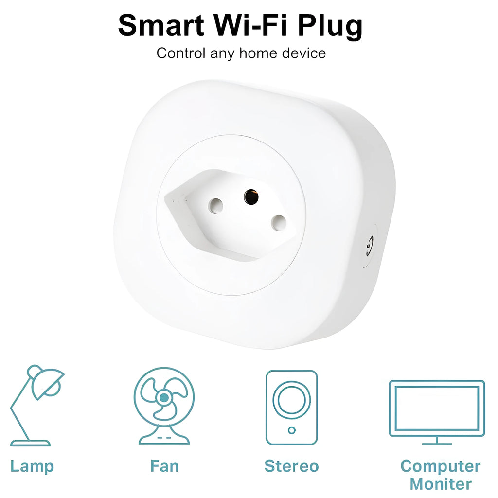 White smart socket plug with WiFi logo, showing EU, US, and Swiss plug style options.