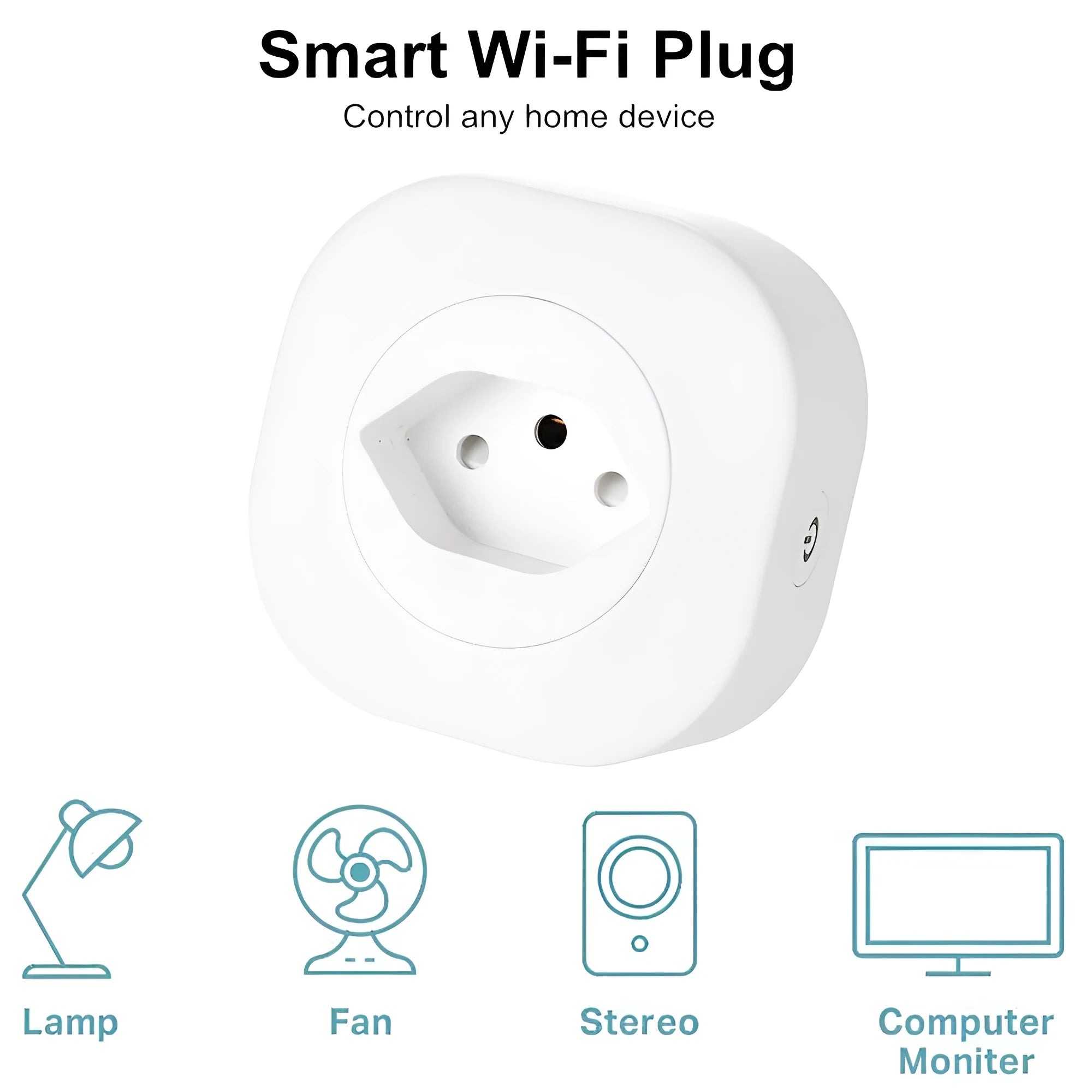 White smart socket plug with WiFi logo, showing EU, US, and Swiss plug style options.