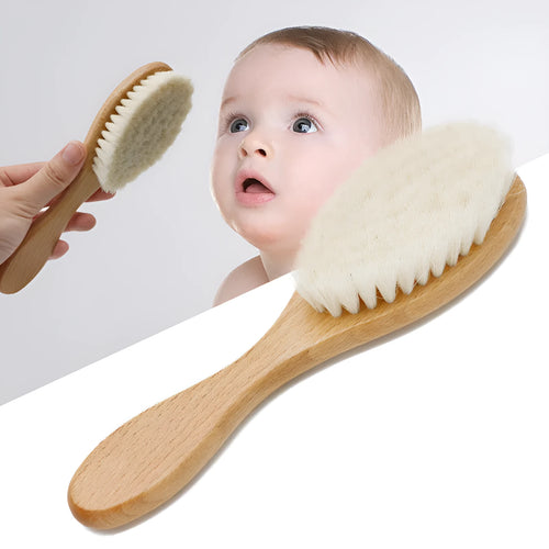 Beech wood baby shampoo brush with goat wool bristles in primary colour finish.