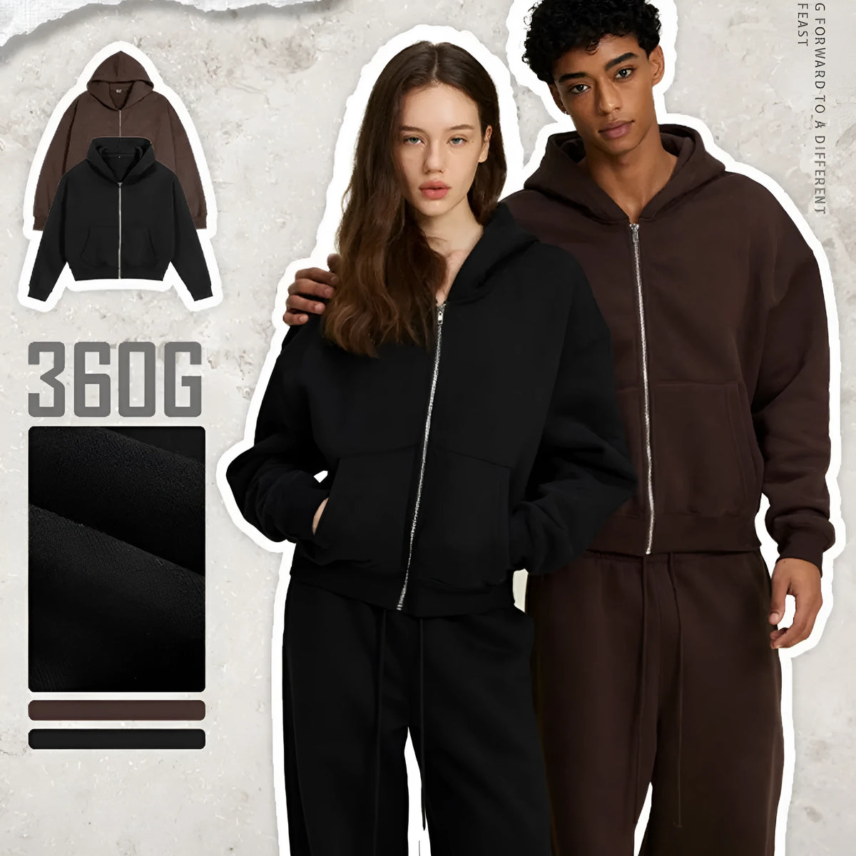 Men's loose fit hooded sweatshirt cardigan in brown or black, cotton polyester blend, sizes S-XXL