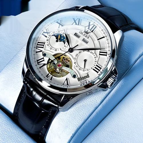 Automatic mechanical watch with double calendar, 11mm slim case, steel belt, black dial, business style